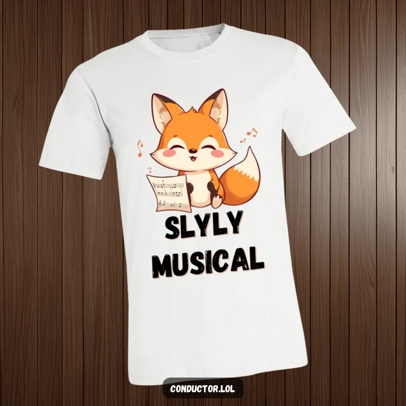 Funny cheerful cartoon fox intensely looking at an unseen musical score with a joyful expression on a t-shirt, focused musical bliss.