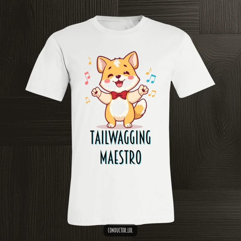 Funny t-shirt depicting a happy dog conductor, tail wagging rhythmically, ears perked, leading the music with enthusiasm.