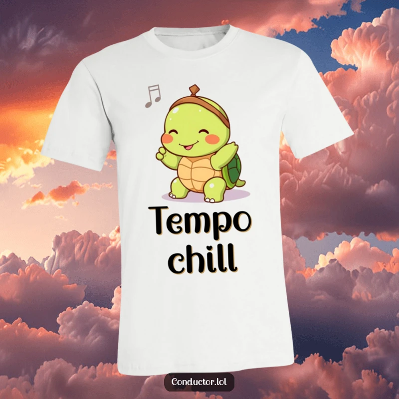 Funny t-shirt featuring a joyful turtle conductor slowly guiding tempo with a contented smile, a picture of calm.