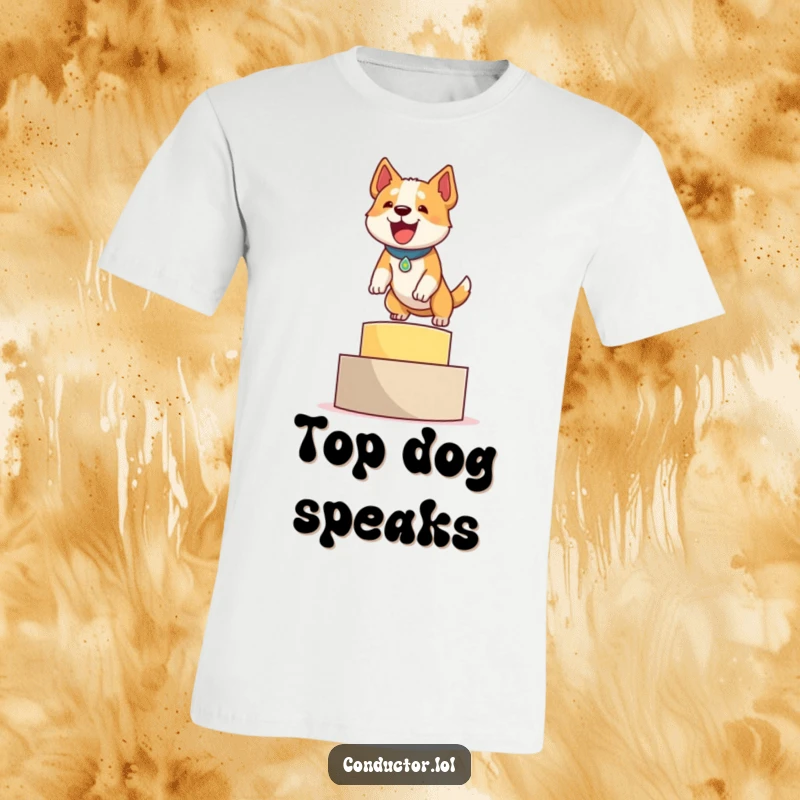 Funny t-shirt depicting a determined dog energetically leaping onto a winner's podium with a joyful, proud bark.