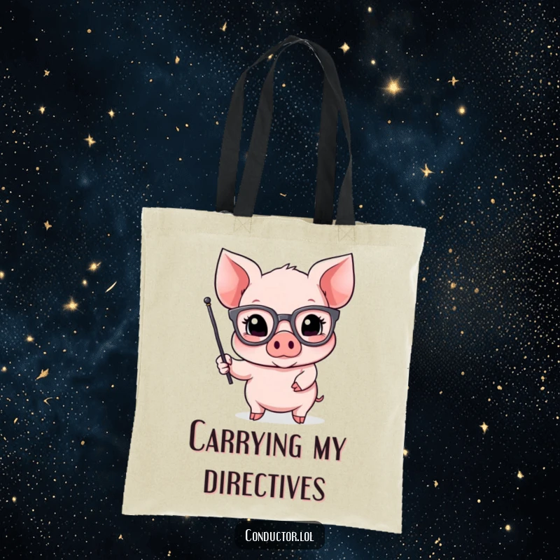 Funny Piglet Orator Tote Bag: a piglet in oversized spectacles gestures dramatically with a small flag, championing a cause.