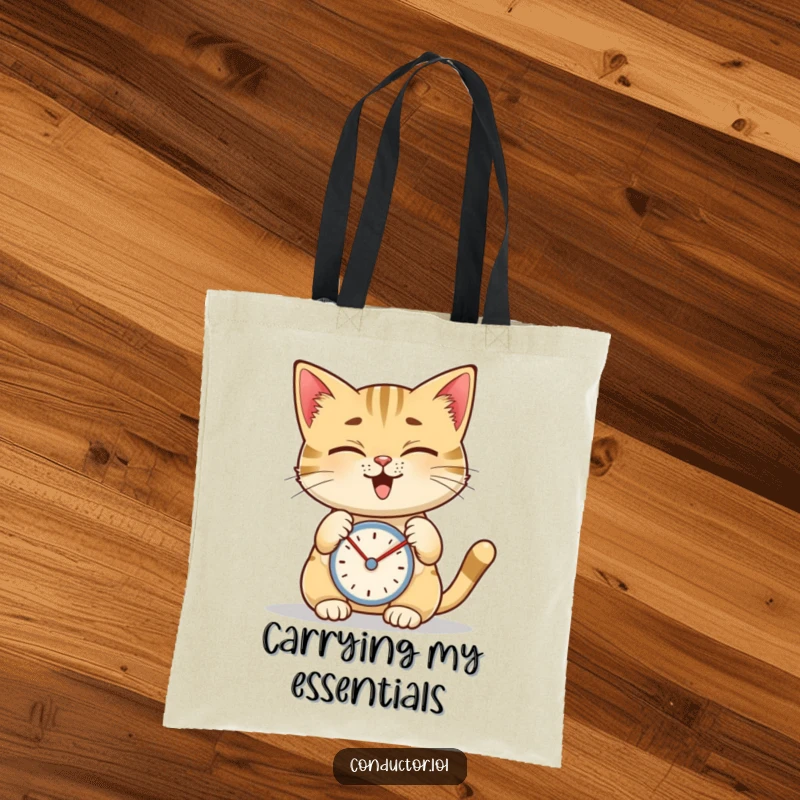 Funny tote bag with a giggling cat intently tapping a metronome, perfect for carrying music sheets or daily items.