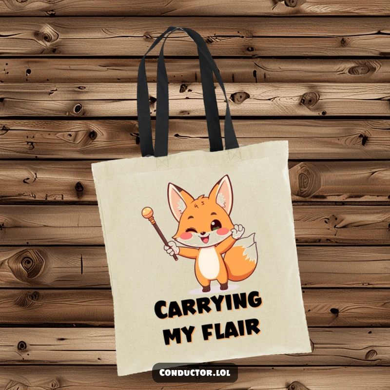 Funny tote bag featuring a happy fox in white gloves dramatically waving a baton, embodying a sophisticated conductor.