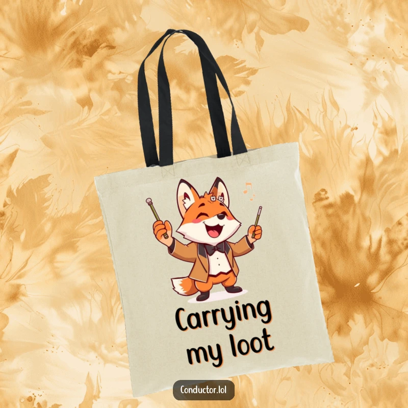 Funny Fox Conductor Tote Bag featuring a playful fox maestro striking a pose with a baton, perfect for carrying music sheets.