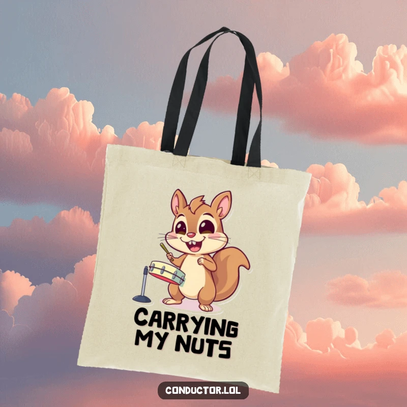 Funny tote bag with an energetic squirrel character gleefully banging on cymbals with wide, excited eyes, perfect for carrying daily items.