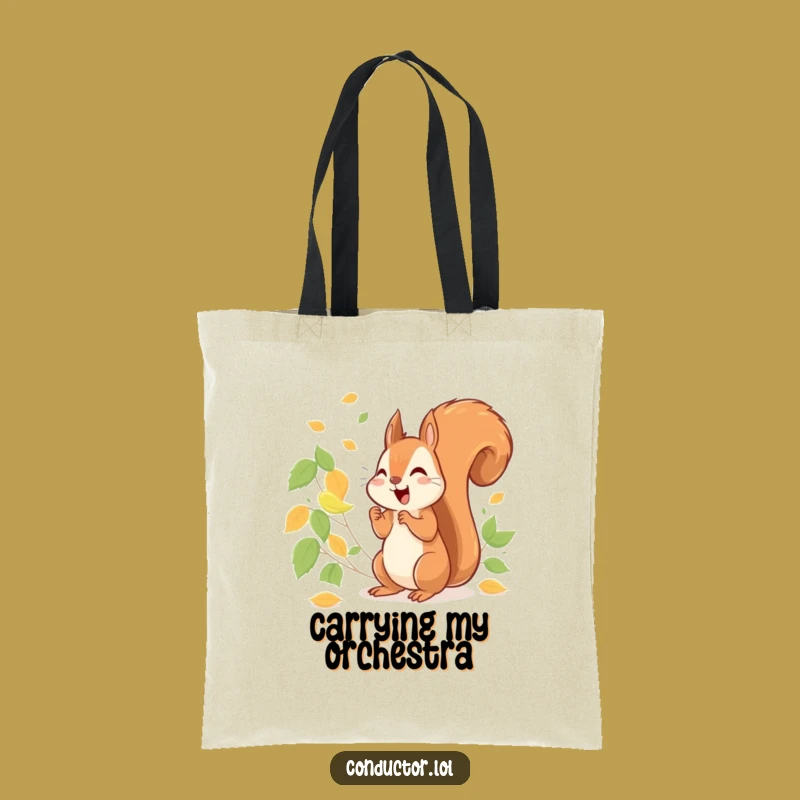 Funny Squirrel Conducting Leaves Tote Bag: Nature Accessory, Cheerful Style