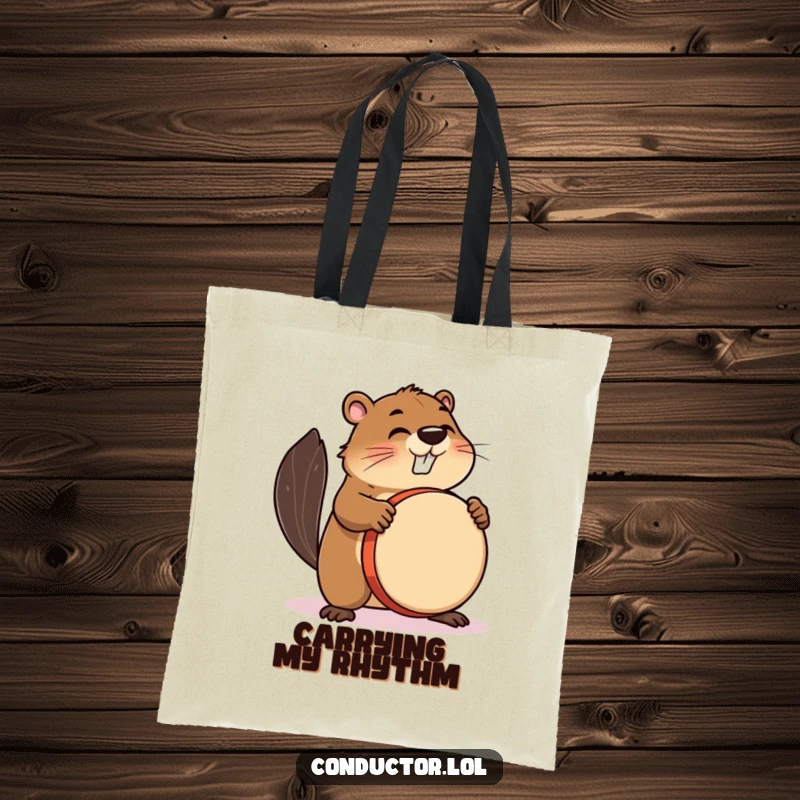 Funny tote bag with a busy beaver enthusiastically drumming, perfect for carrying music accessories.
