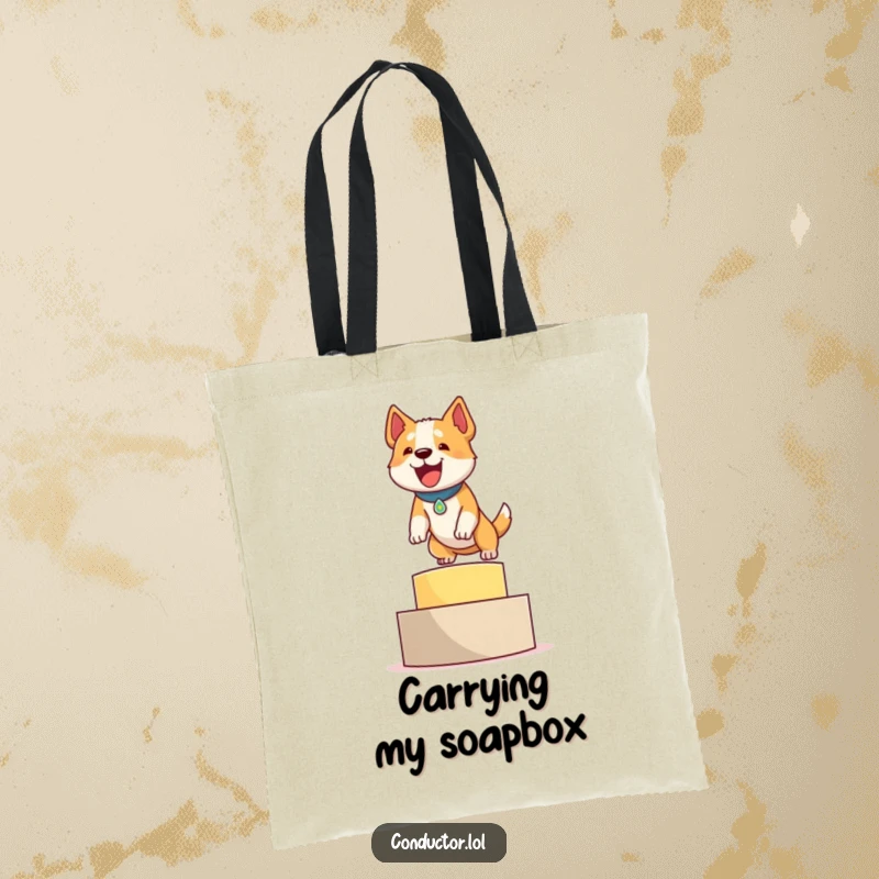 Funny tote bag showing a determined dog eagerly leaping onto a winner's podium, ready to bark out its victory.