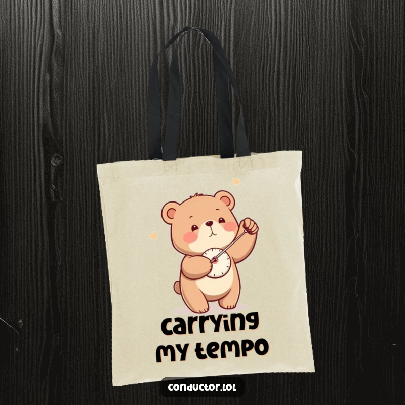 Funny Bear Metronome Tote Bag: A little bear swings a metronome with gentle, precise movements.