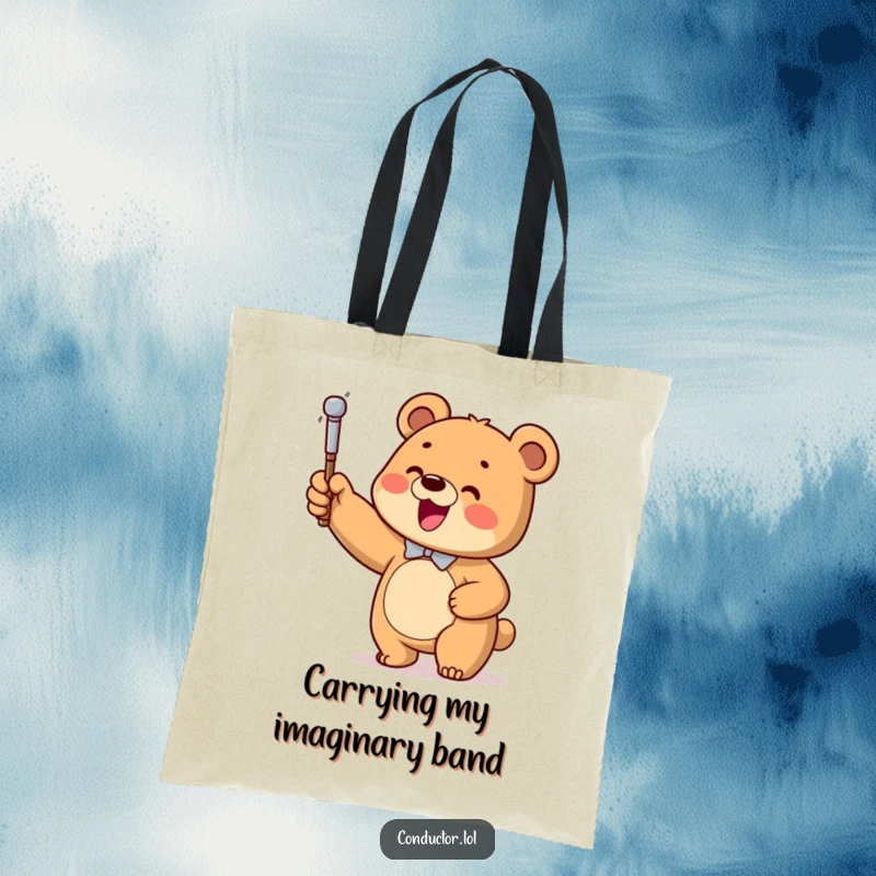 Funny Bear Conductor Tote Bag, showcasing a cute bear cub enthusiastically directing an imaginary orchestra with a baton.