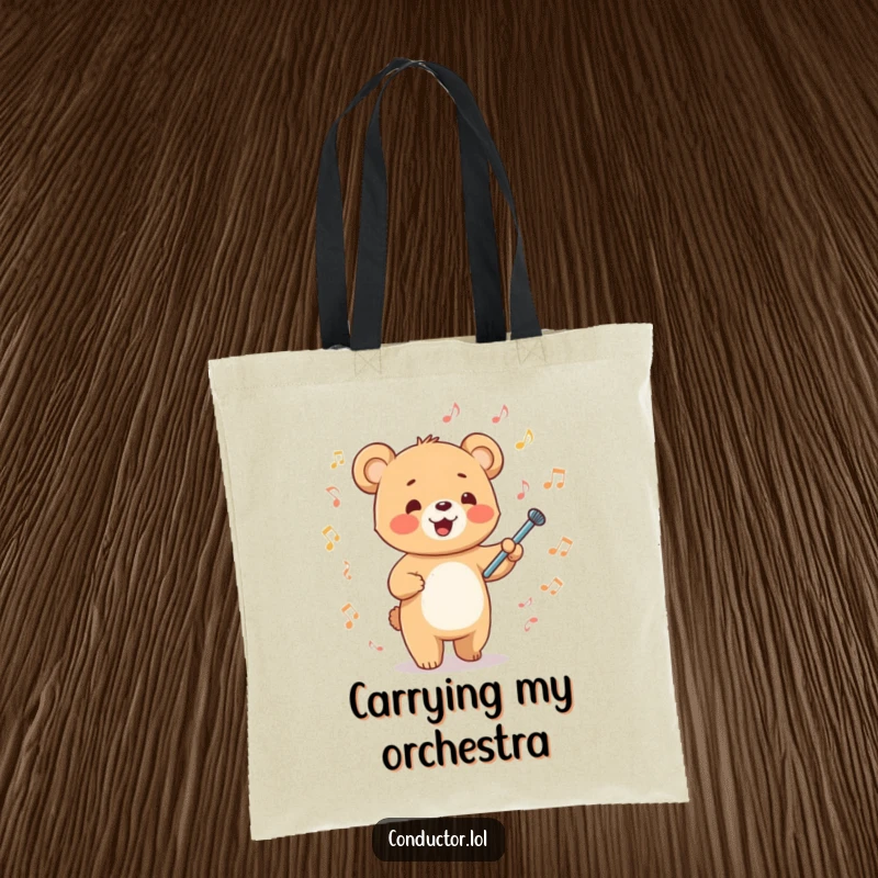 Funny happy cartoon bear cub energetically waving a tiny baton surrounded by musical notes on a tote bag, a musical organizer.