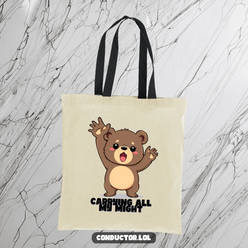 Funny tote bag depicting a determined bear cub vigorously swinging its arms in a grand gesture, perfect for carrying dreams and essentials.