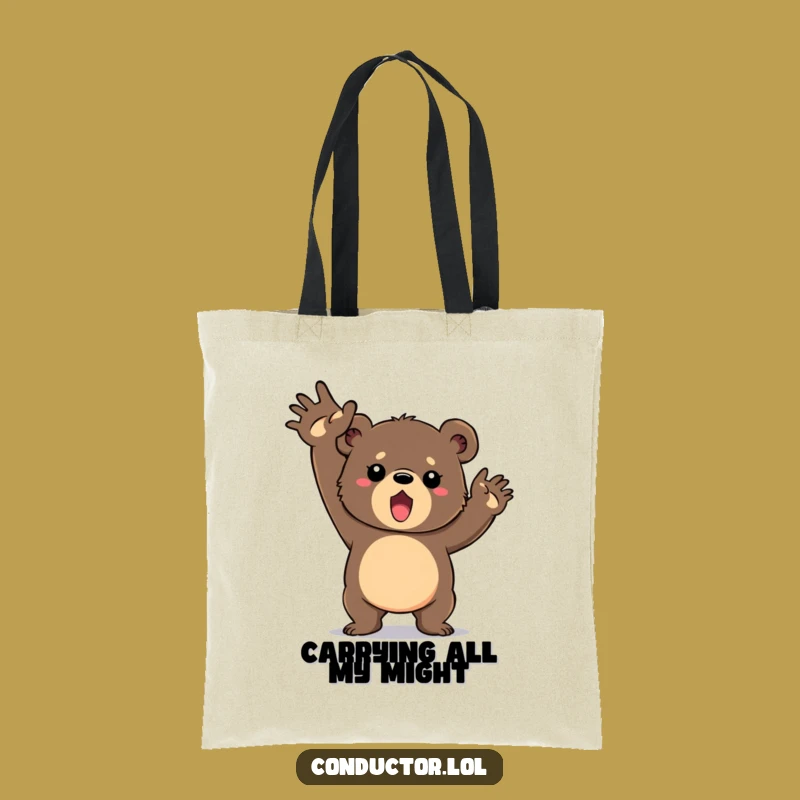 Funny Bear Cub Gesture Tote Bag: Determined Cub's Energetic Carry-all Funny Gift