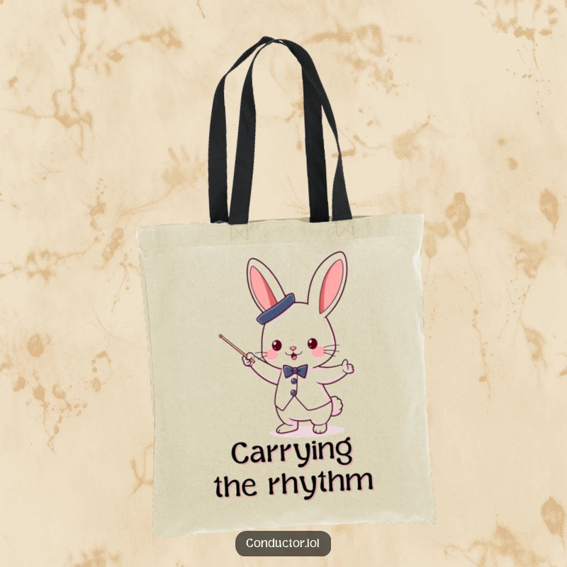 Funny cute bunny conductor with a top hat, enthusiastically waving a baton on a durable and spacious tote bag.