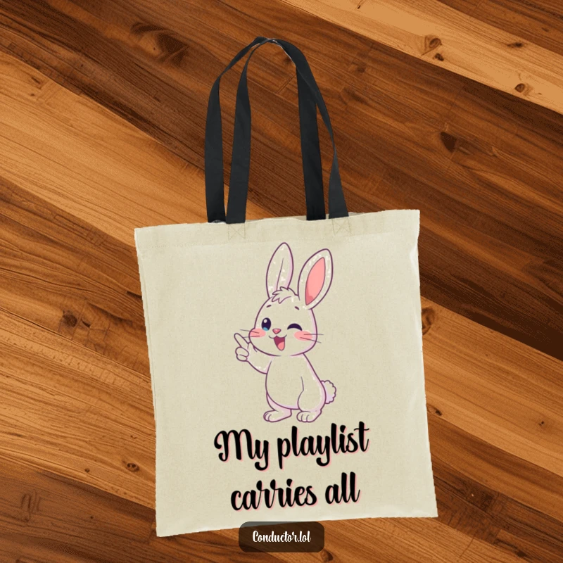 Funny bunny conductor tote bag, humorously directing a musical crescendo, a stylish and funny accessory for music enthusiasts.