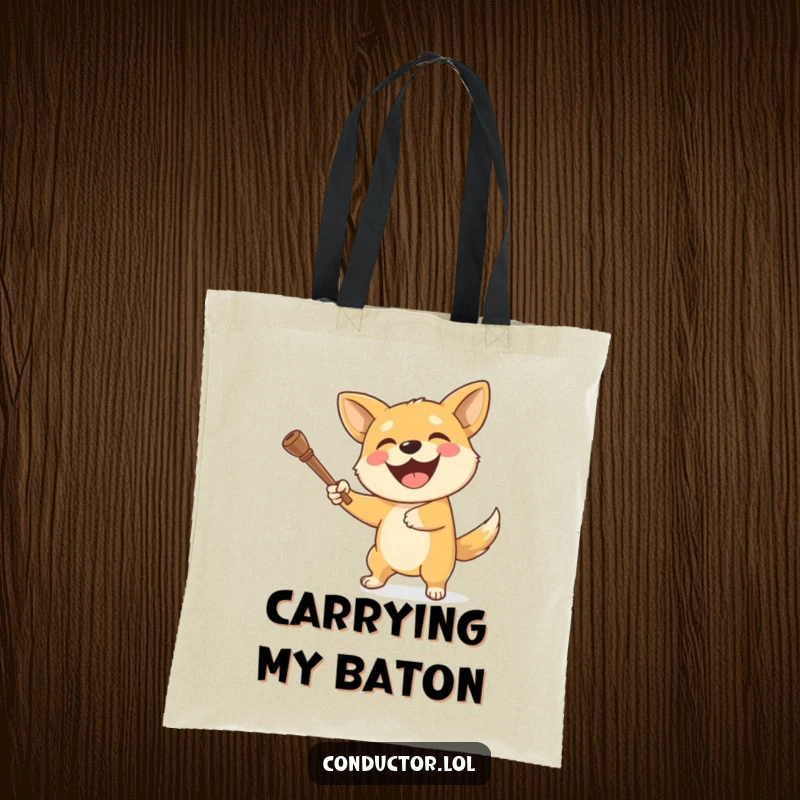 Funny dog tote bag depicting a delighted dog enthusiastically swinging a baton with a huge, happy grin.