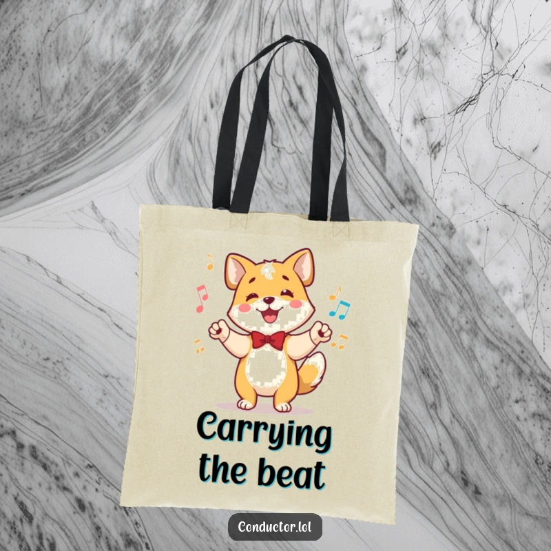 Funny tote bag illustrating a happy dog conductor, tail wagging rhythmically, ears perked, directing the flow of music.