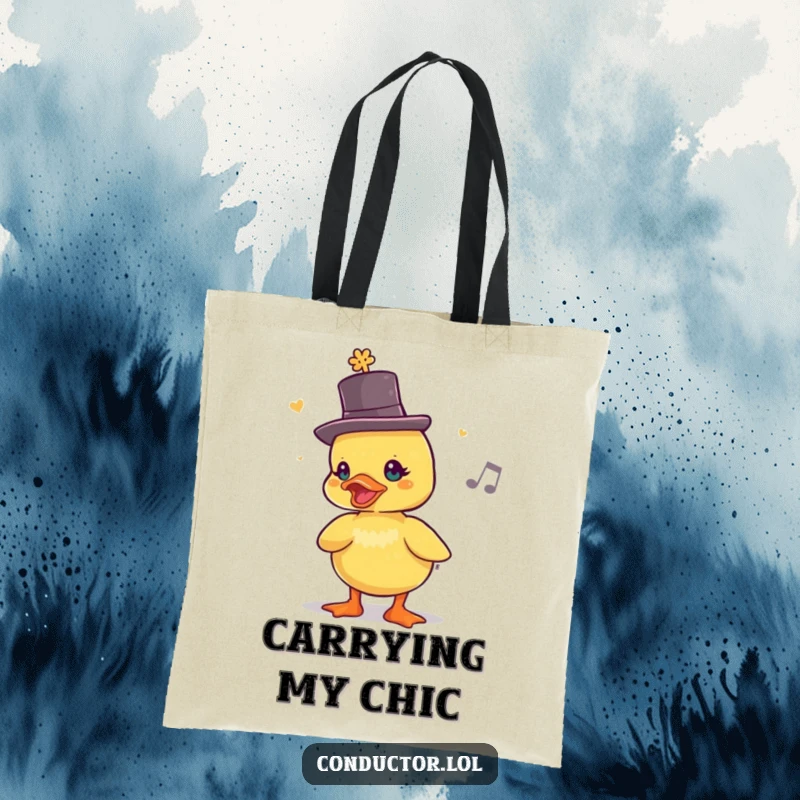 Funny Duckling Rhythm Tote Bag: a duckling in a tiny top hat chirps out a lively rhythm, perfect for errands.