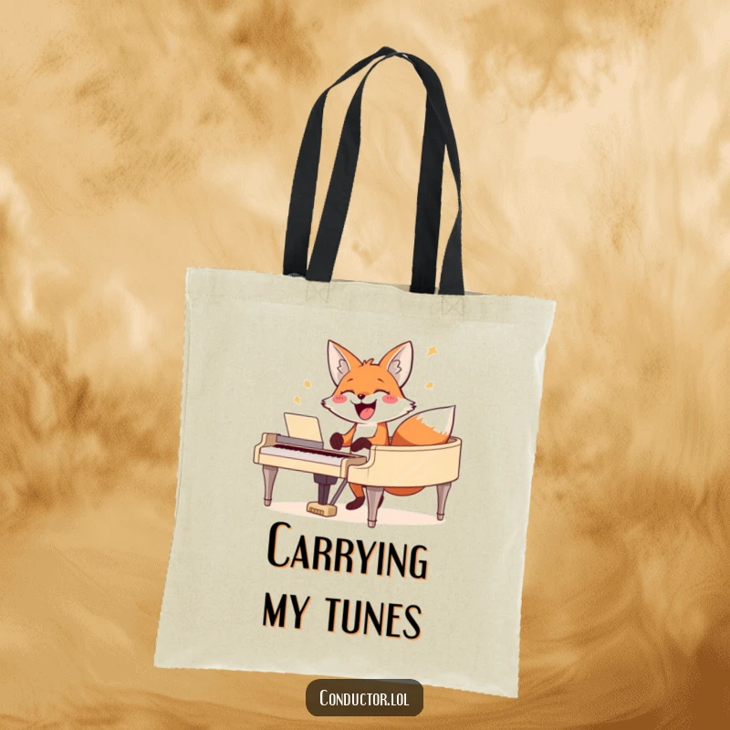 Funny fox tote bag, featuring a happy fox playing the piano with a big grin, great for carrying items.