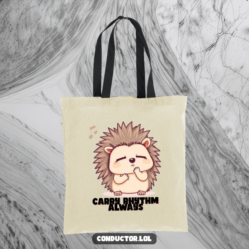 Funny hedgehog tote bag featuring a determined hedgehog listening to music with closed eyes, perfect for carrying books.