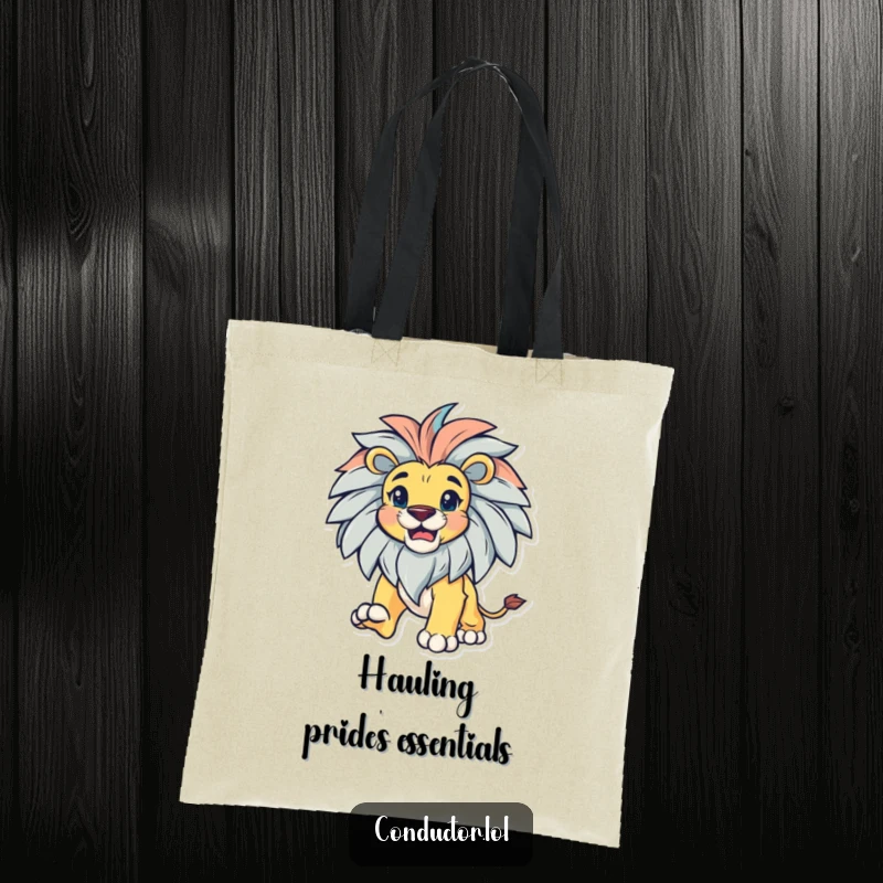 Funny bold lion with a magnificent mane, leading with gusto, on a stylish tote bag for everyday carry.