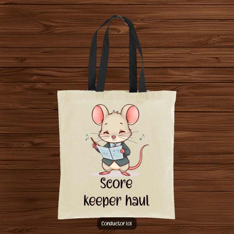 Funny tote bag showcasing a curious mouse conductor peering at a musical score with intense concentration, a tote of discovery.