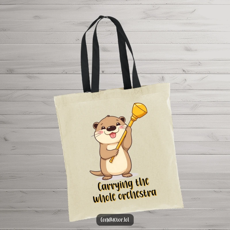 Funny Otter Conductor Tote Bag: A beaming cartoon otter holding a golden baton, showcasing proud conducting skills on a stylish bag.