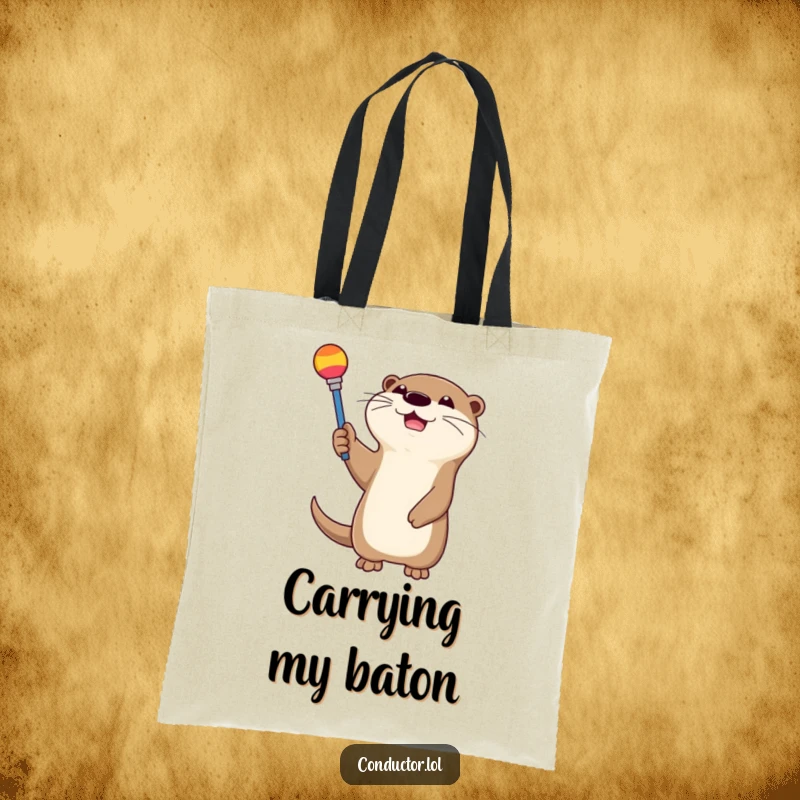 Funny, happy otter gleefully waving a colorful baton, printed on a sturdy tote bag. Ideal for carrying items.