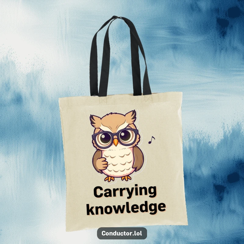 Funny Owl Conductor Tote Bag: A focused owl wearing spectacles, intently watching a score, perfect for carrying music and books.