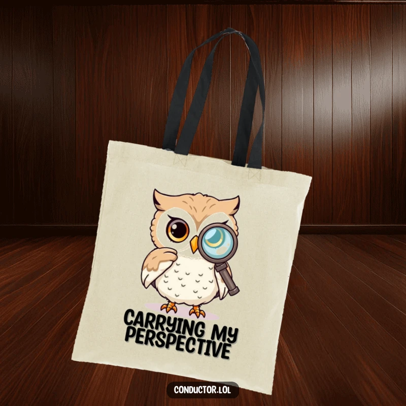 Funny tote bag featuring a curious owl peering intently through a spyglass, perfect for carrying books and discoveries.