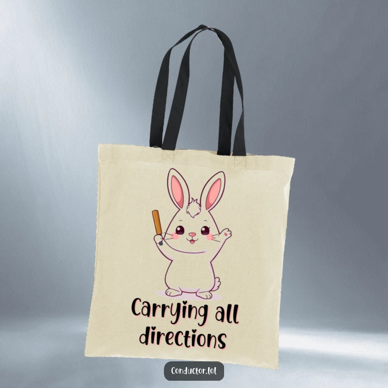 Funny tote bag with a playful rabbit holding a baton, stern yet kind expression, perfect for carrying items with organized flair.