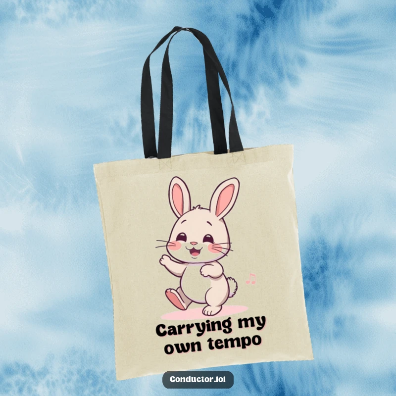 Funny tote bag featuring a cheerful rabbit tapping its foot, ready for adventure with a rhythmic bounce, a charmingly humorous accessory.