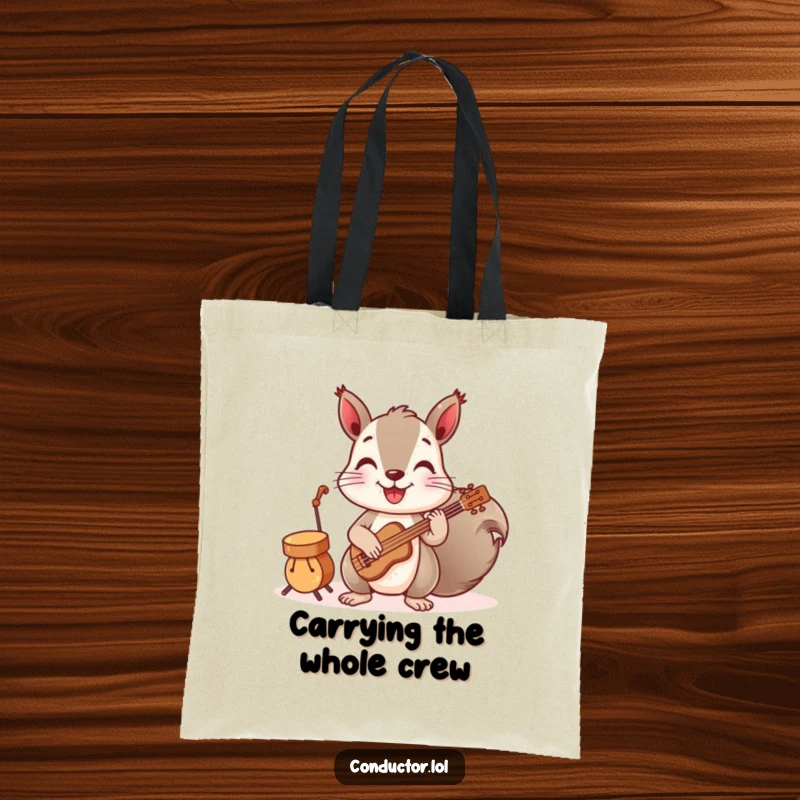 Funny tote bag featuring a playful squirrel conducting a band of tiny instruments, perfect for carrying essentials with musical charm.