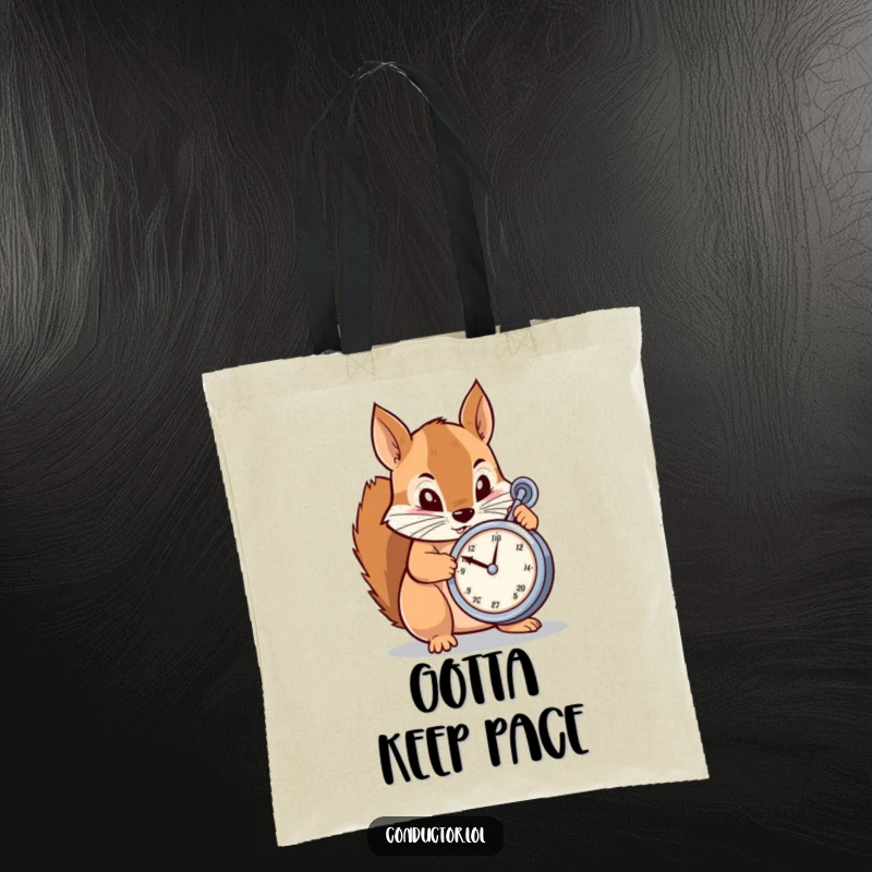 Funny Tote Bag: A focused cartoon squirrel meticulously adjusting a metronome, perfect for carrying essentials with a rhythmic theme.