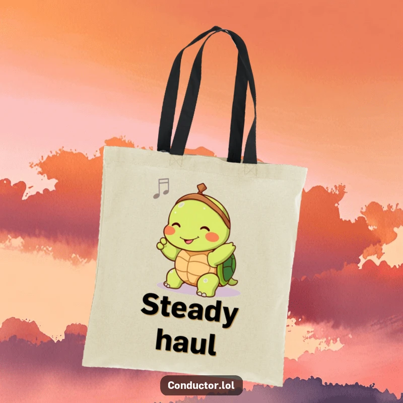 Funny tote bag showcasing a joyful turtle conductor slowly guiding tempo with a contented smile, a tote of serenity.