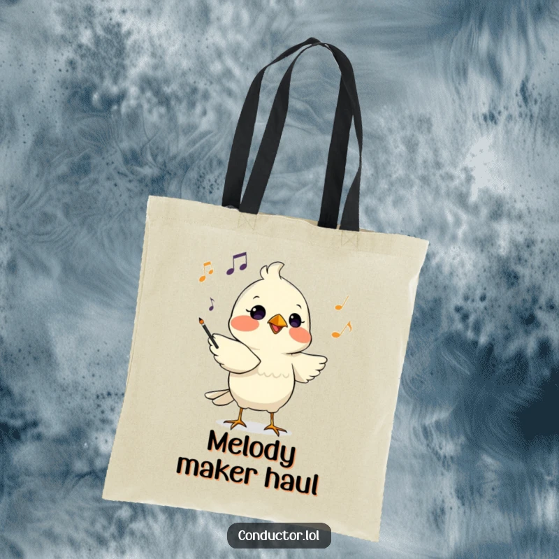 Funny tote bag showcasing a determined bird conductor chirping musical cues with focused intensity, a tote of musical direction.