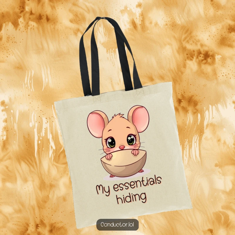 Funny Surprised Mouse Cymbal Tote Bag: A cartoon mouse with wide eyes peeking from behind a large cymbal.