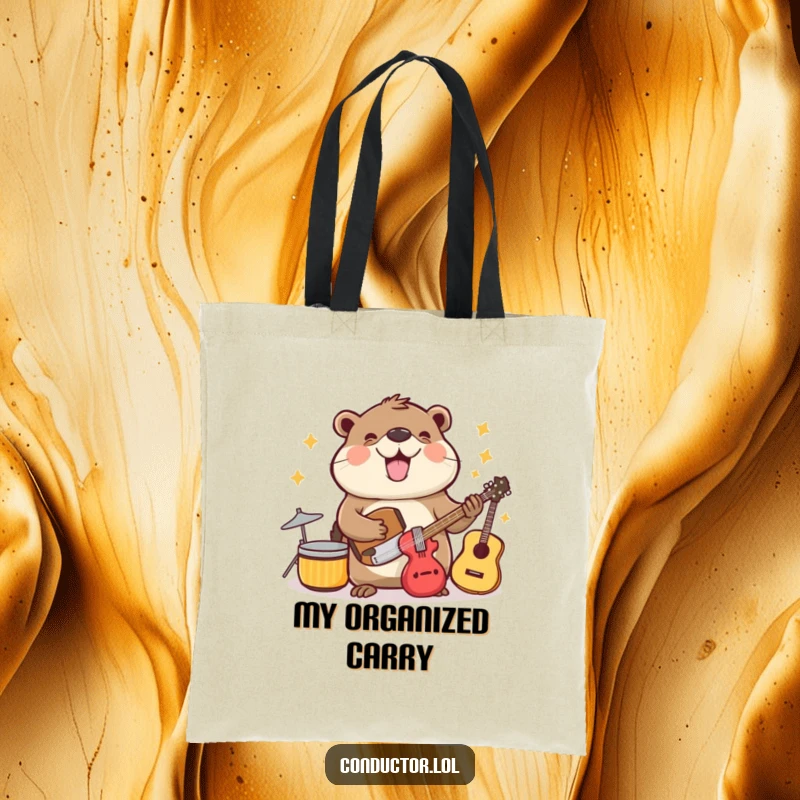 Funny beaming beaver cheerfully and organizedly arranging musical instruments on a durable tote bag.