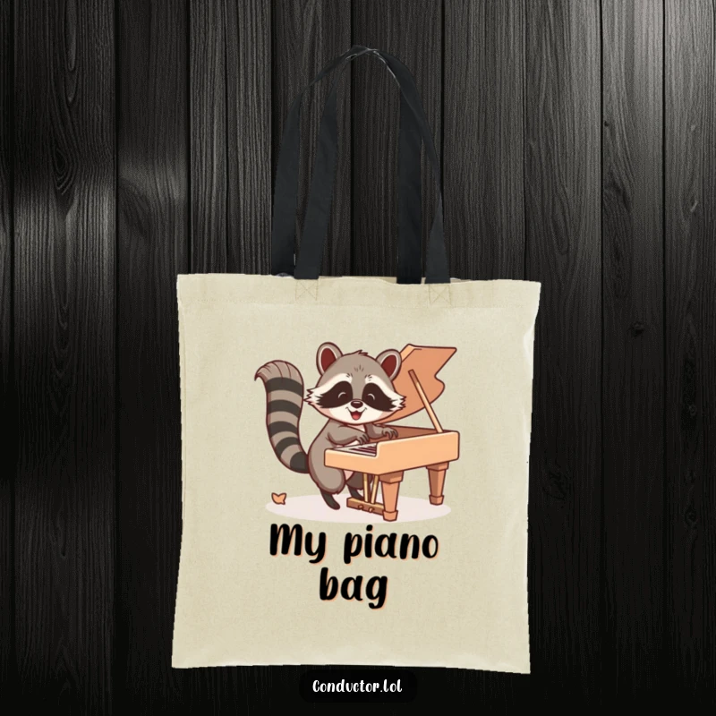 Funny Tote Bag: Happy raccoon energetically tapping piano keys with its tail, a stylish accessory for music enthusiasts.