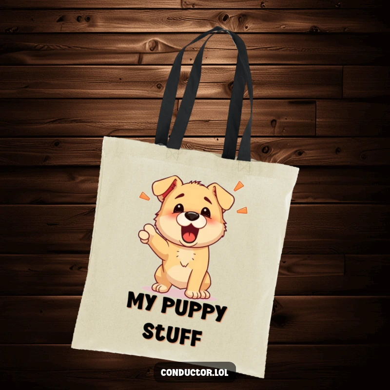 Funny tote bag with a determined puppy barking energetic commands, perfect for carrying essentials with a touch of humor.