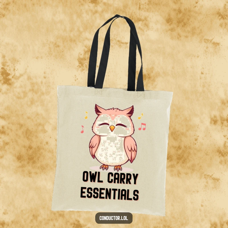 Funny tote bag featuring a giggling owl with closed eyes swaying to music, a cheerful accessory for music enthusiasts.