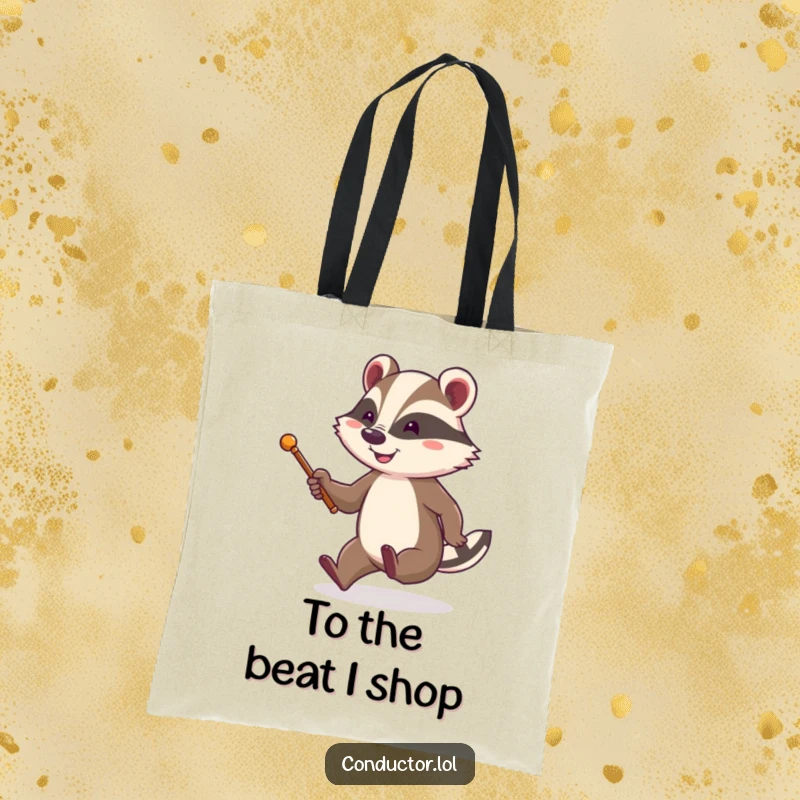 Funny tote bag with a cheerful badger holding a baton, energetically tapping its foot, perfect for carrying belongings with style.